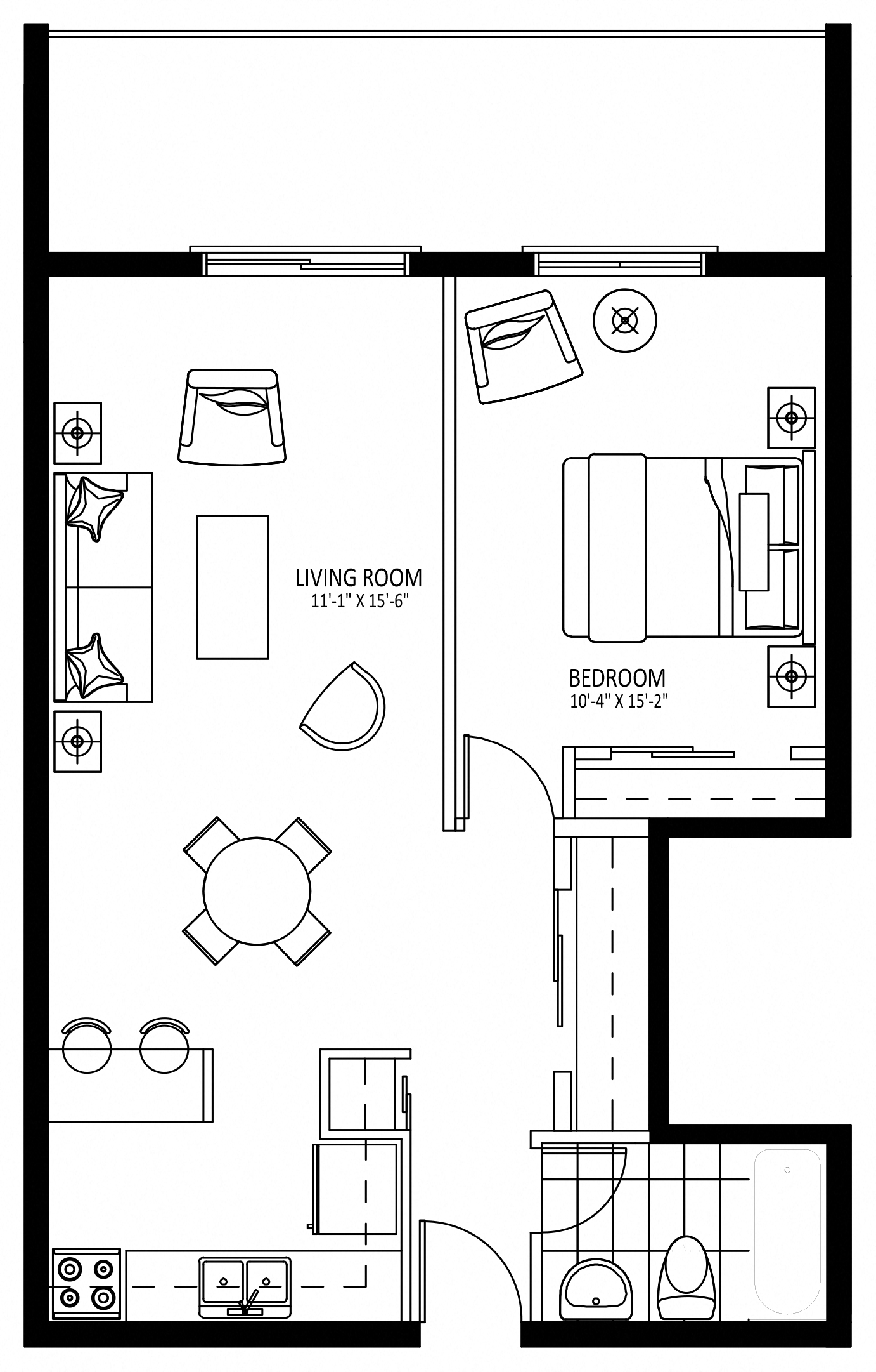 Floor plan for 1 bed, 1 bath, 636 sqft